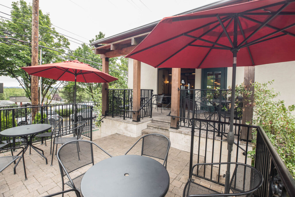 Elephants Delicatessen Corbett Room event space outside patio with tables and chairs