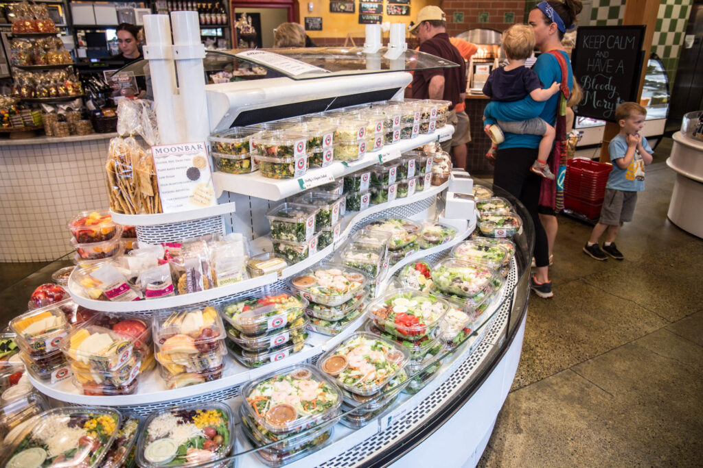 display case with salads at Elephants Delicatessen at Corbett