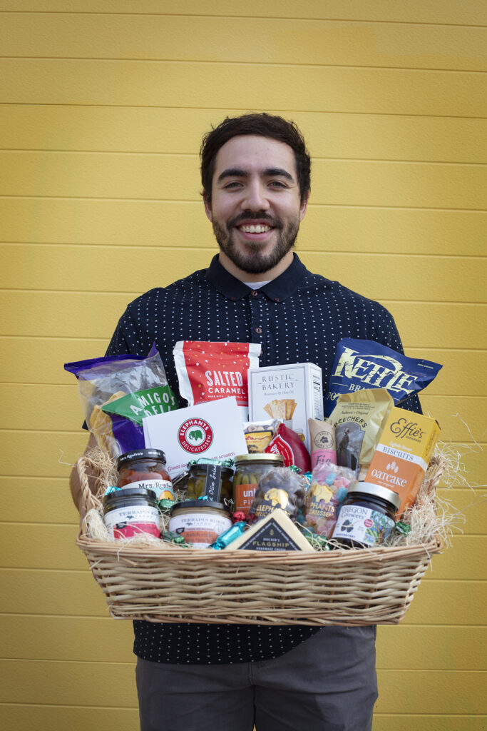 Justin hold large Elephants gift basket
