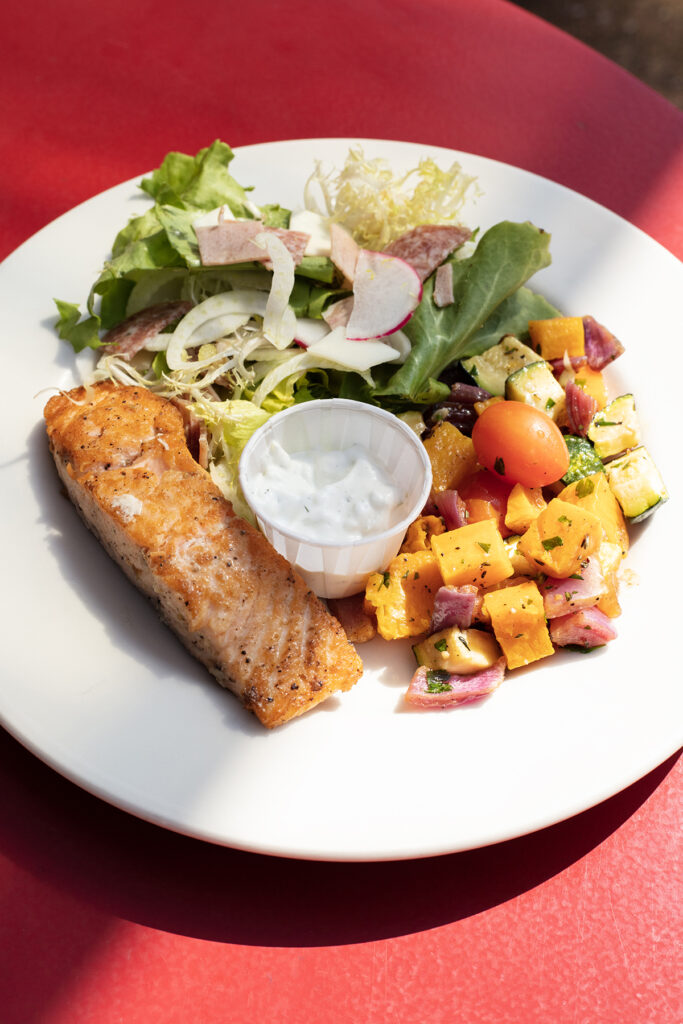 a photo pf a plate from Elephants Deli with three deli selections