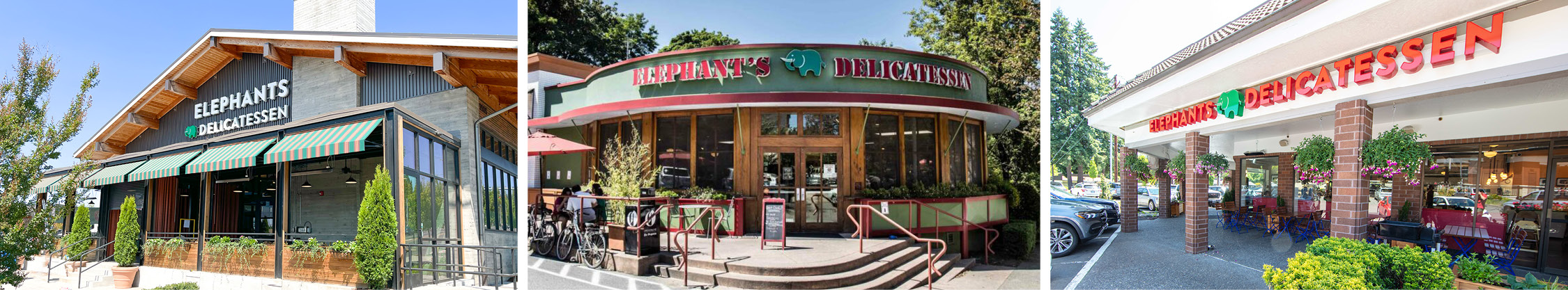 Exterior photos of Elephants on Cedar Hills, Elephants at NW 22nd, and Elephants Lake Oswego